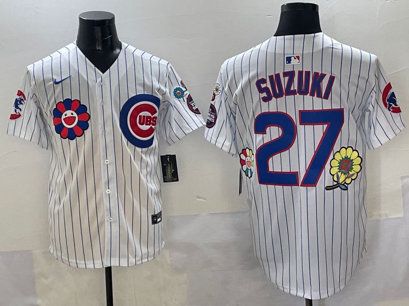 Men Chicago Cubs #27 Suzuki White Stripe Flower Edition 2025 Nike MLB Jersey style 2->chicago cubs->MLB Jersey